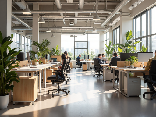 现代化办公环境照片，宽敞明亮的办公室，员工正在工作区域讨论项目，白色背景