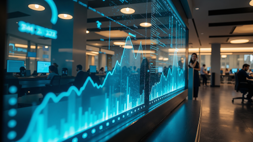金融行业办公场景，显示交易大厅和电脑屏幕上的数据分析图表，现代商务环境