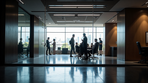 政府办公大楼内部场景，工作人员在会议室讨论，现代化办公环境，简洁的装修风格