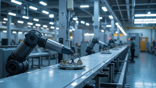 现代化工厂车间场景，工人操作机器设备，工业机器人在生产线作业，明亮的工厂环境